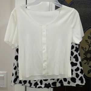 Cropped shirt with mini cow print skirt